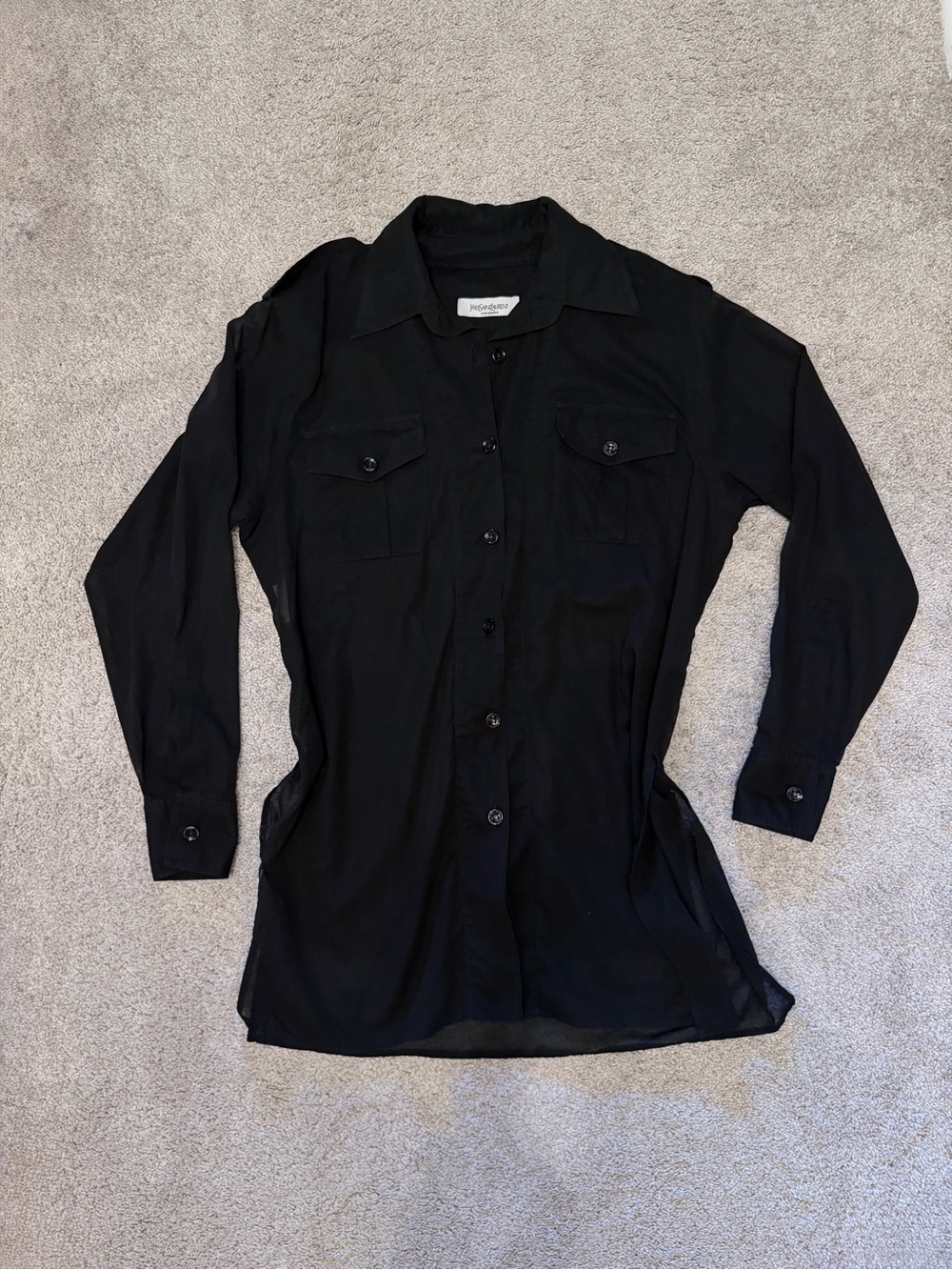 Vintage Yves Saint Laurent Sheer Black Button Up - Pocket Detail - FR40